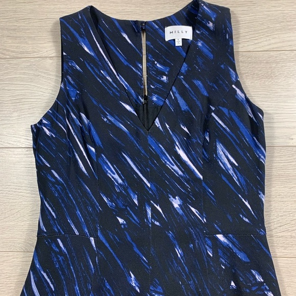 MILLY Blue Brushstroke Print V-Neck Sheath Work Career Office Midi Dress - Picture 6 of 15